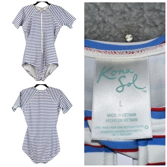 Kona Sol Women's Swim White Blue Large Rash Guard One Piece Stretch Swimsuit - Picture 10 of 10